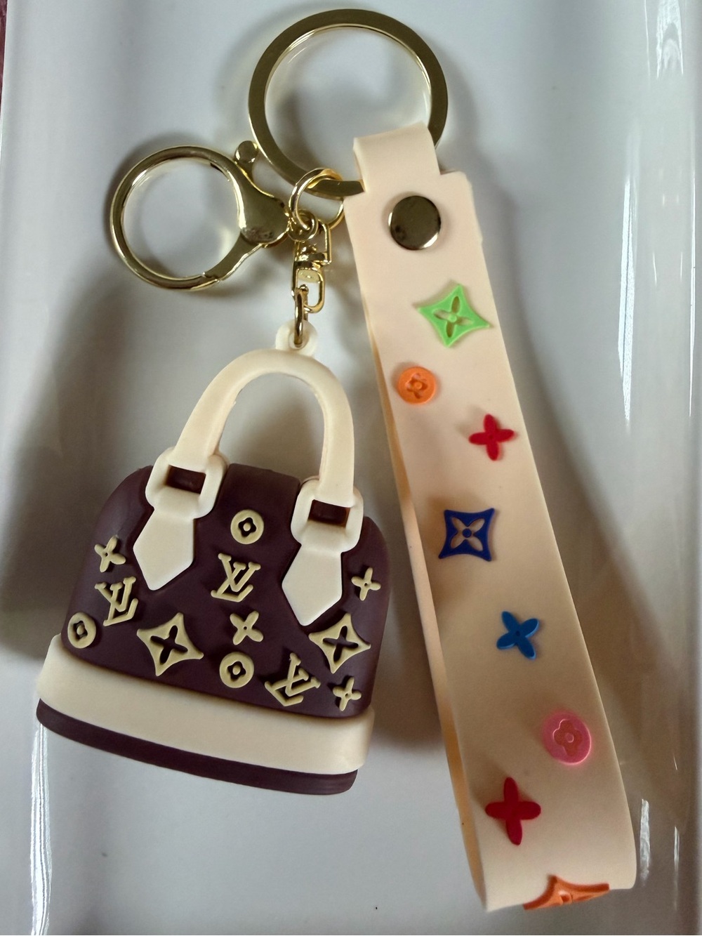 Designer-Inspired Brown and Cream Handbag Keychain with Colorful Strap